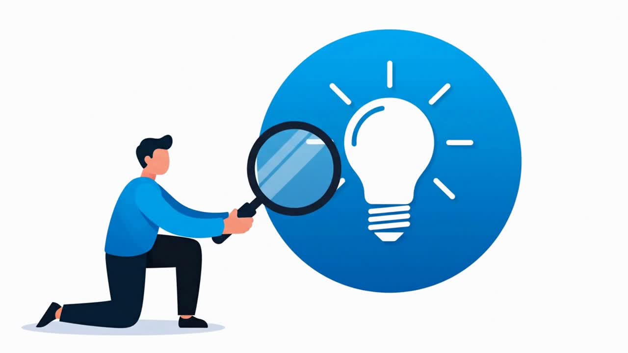 Man with a magnifying glass searching and researching for a new creative idea