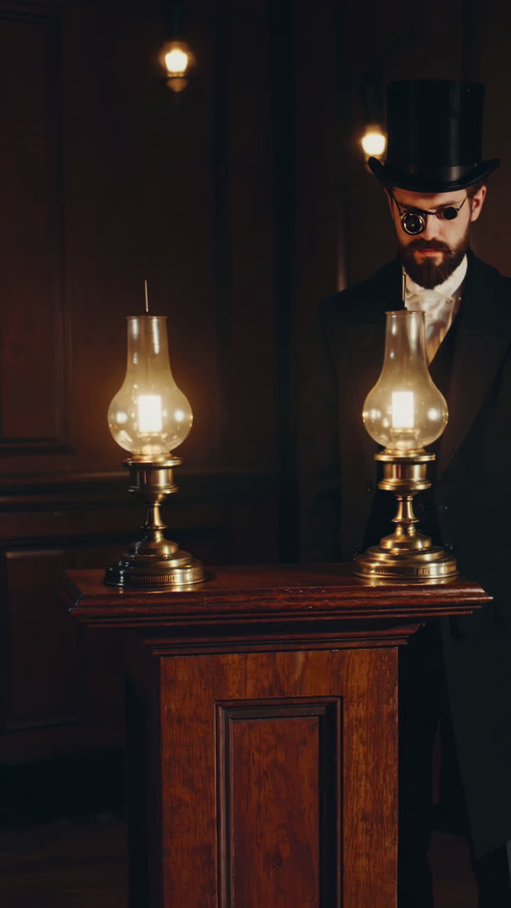 Gentiluomo steampunk in una stanza buia