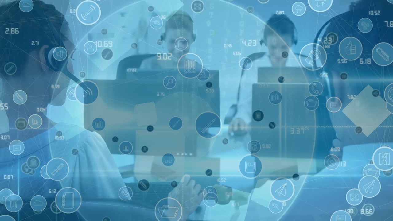 전화 헤드 ⁇ 을 사용하는 비즈니스 사람들에 대한 아이콘과 연결 네트워크의 애니메이션