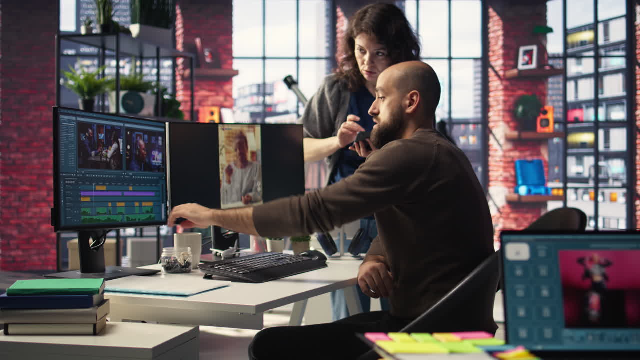 Team of experts work on social media content and video editing with dual monitors