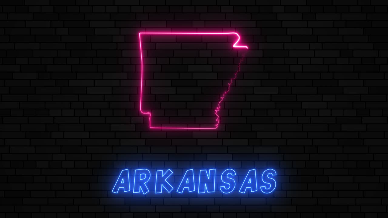 estado de arkansas mapa silueta con línea de neón en un fondo de pared de ladrillo oscuro