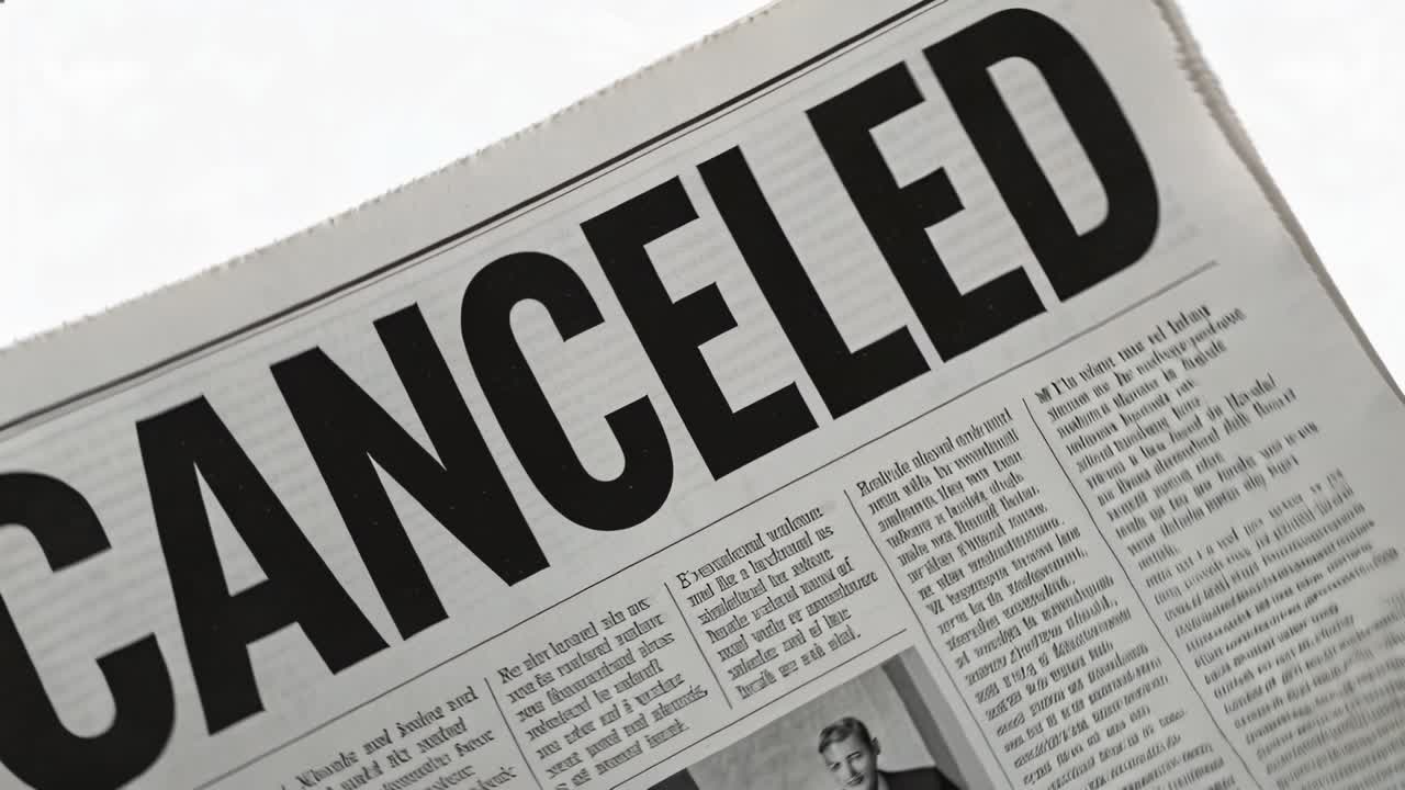 Camera pulling back, rotating newspaper front page revealing bold CANCELED headline on studio table