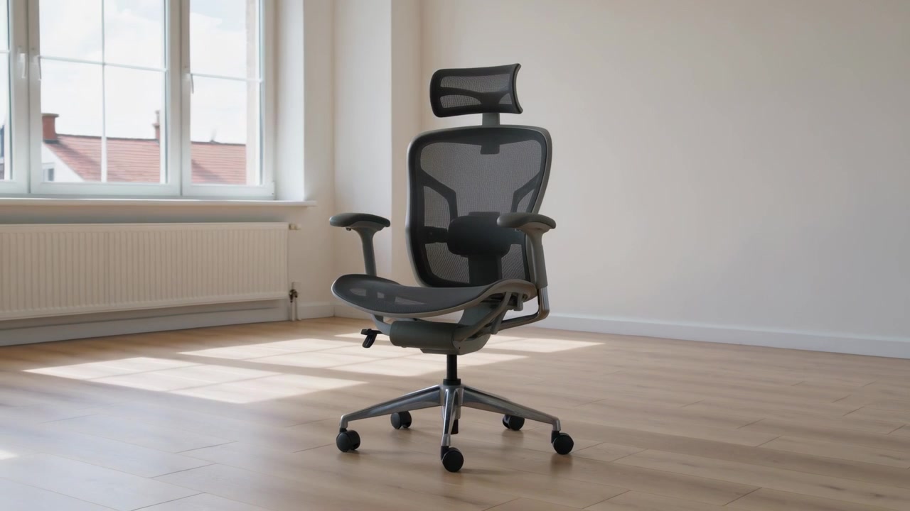 Telecamera in panoramica che rivela una sedia da ufficio ergonomica in una stanza vuota per un servizio fotografico di prodotto, con schienale in rete