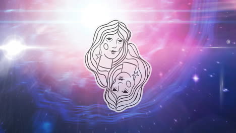 animación del signo de la estrella gemini sobre el sol brillando y las estrellas en la noche de color rosa a cielo azul