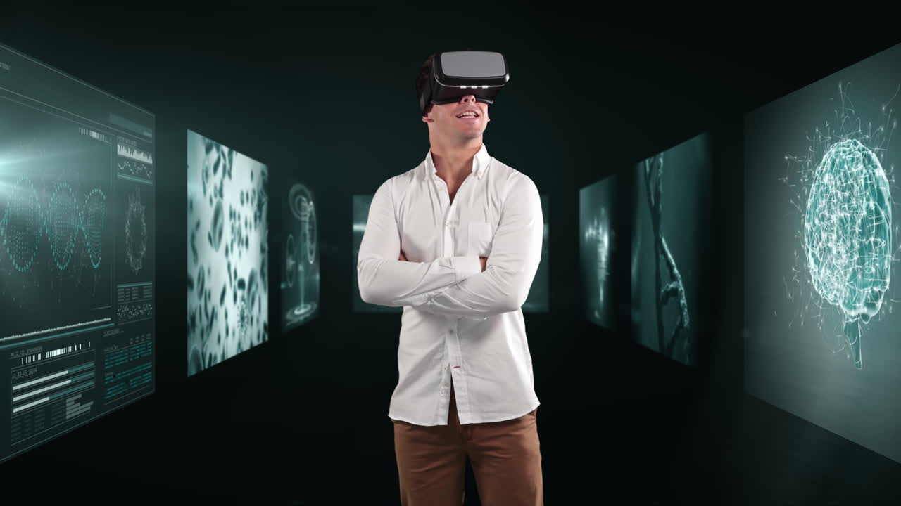 Animation of businessman wearing vr headset over screens with medical data processing