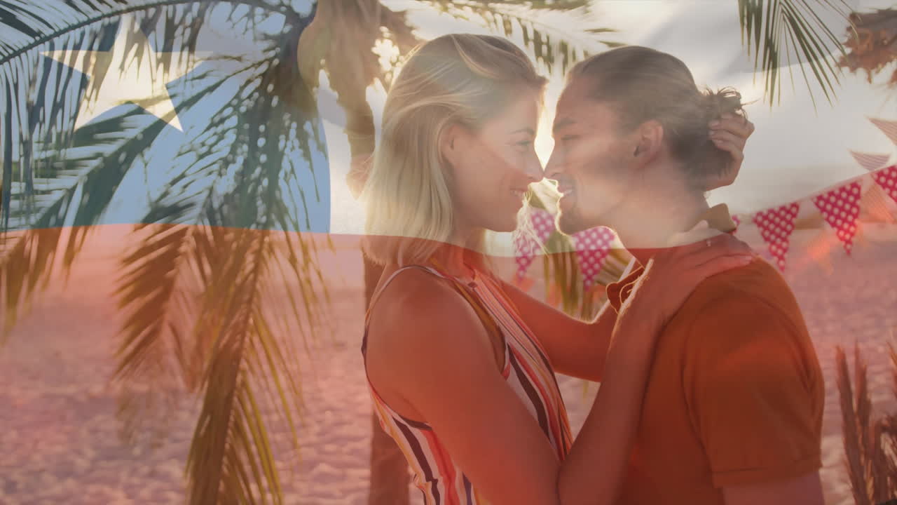 Embracing couple with Chilean flag overlay and palm trees in background animation