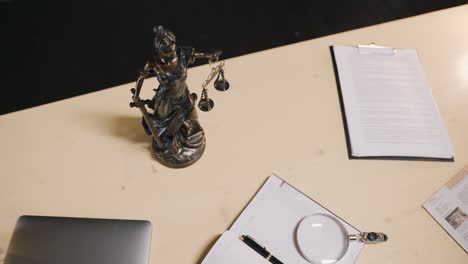 lawyer or judge desk at the office workplace seen from above, law practicing background concept with no people