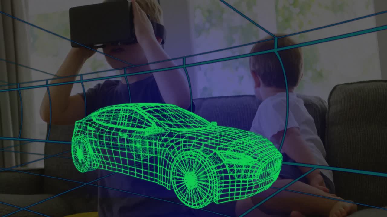 animación de dibujo técnico 3d de un coche, sobre un niño en casa con auriculares vr