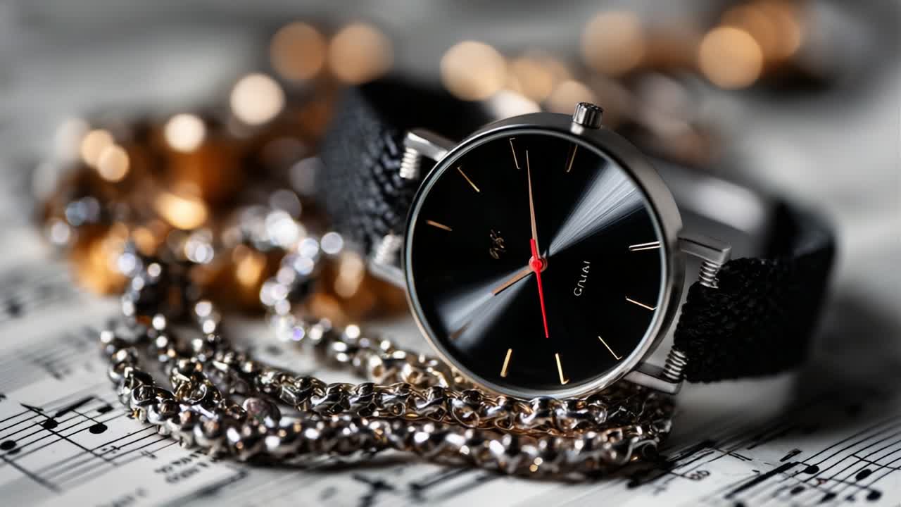 Elegant and Stylish Wristwatch on Musical Notes Surrounded by Chains and Decorative Elements Capturing the Essence of Timeless Fashion and Musical Inspiration
