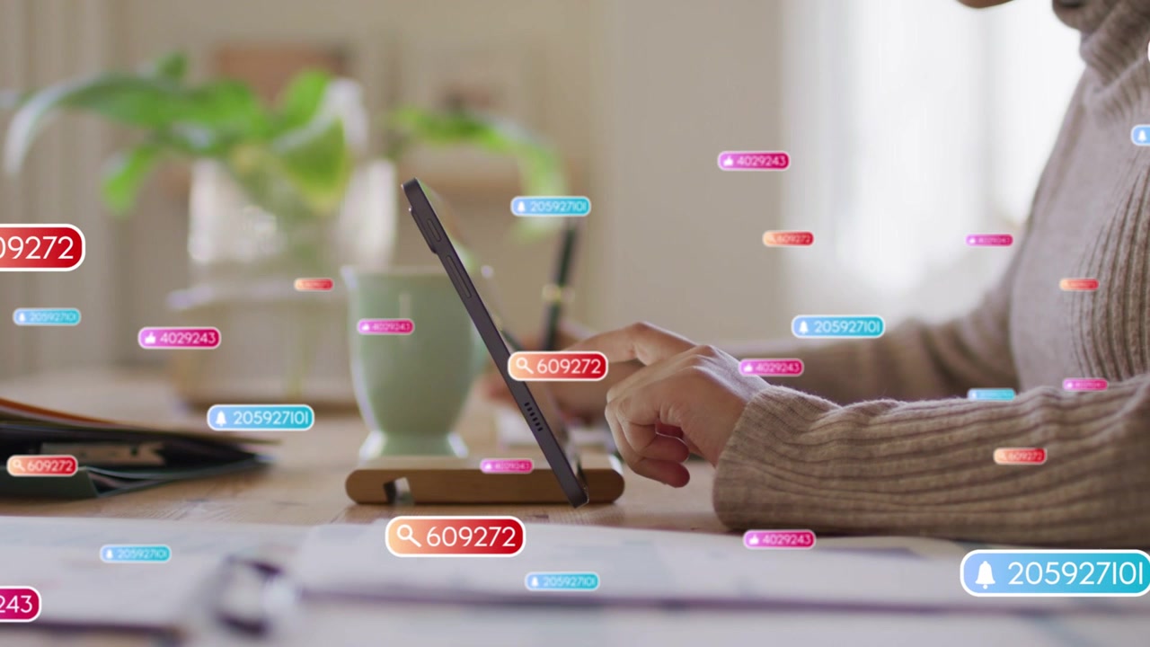 Woman tapping tablet, causing UI badges multiplying, peaking then fading, managing workflow
