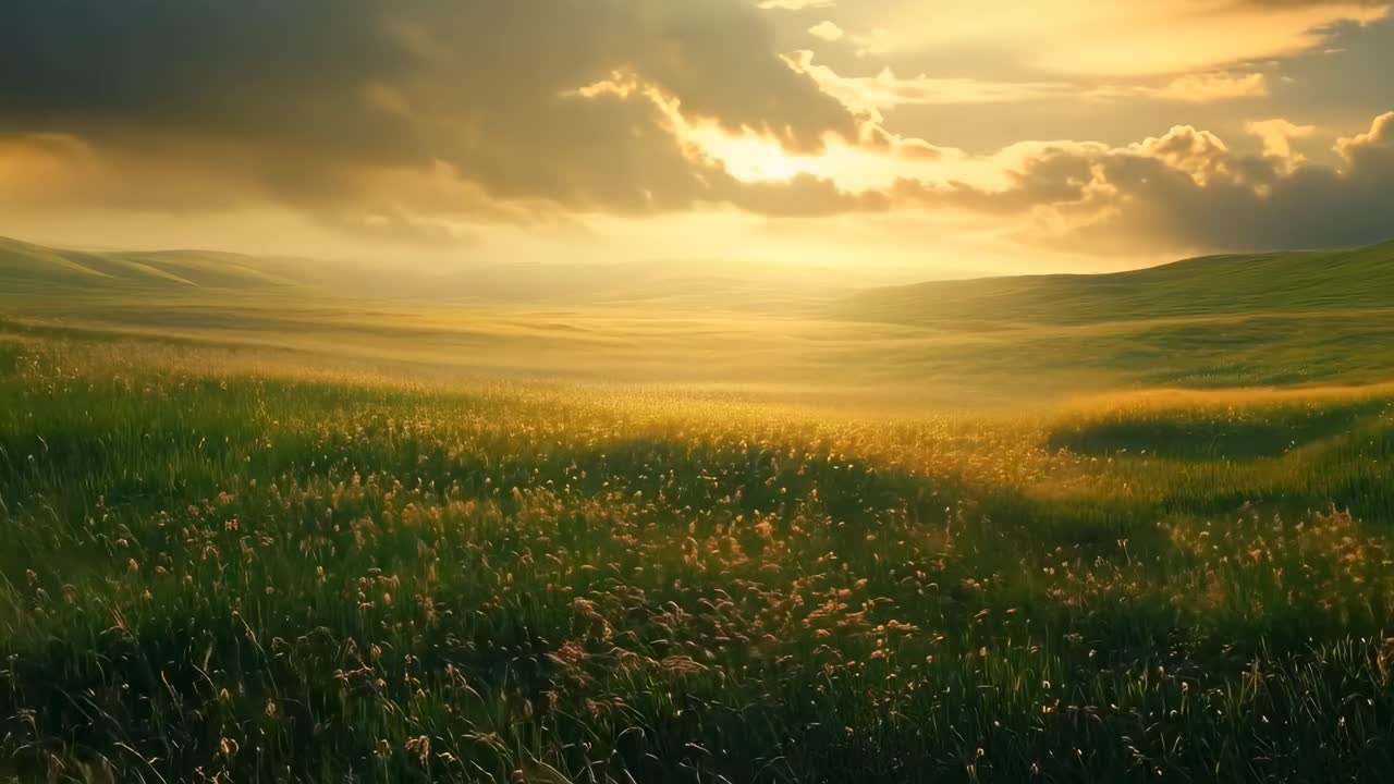 A wide-angle shot captures a serene, sunlit meadow under a dramatic sky, evoking a tranquil