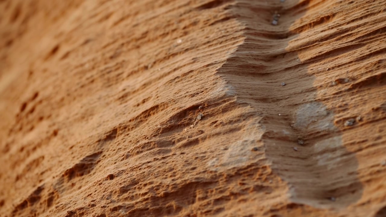 Un lento movimento su una superficie di legno erosa rivela strati fibrosi, canali intagliati, macchie sparse e una texture ruvida, con messa a fuoco selettiva sotto una calda luce naturale