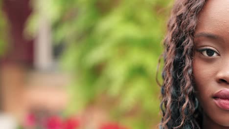 retrato de media cara de una mujer afroamericana sonriendo al aire libre