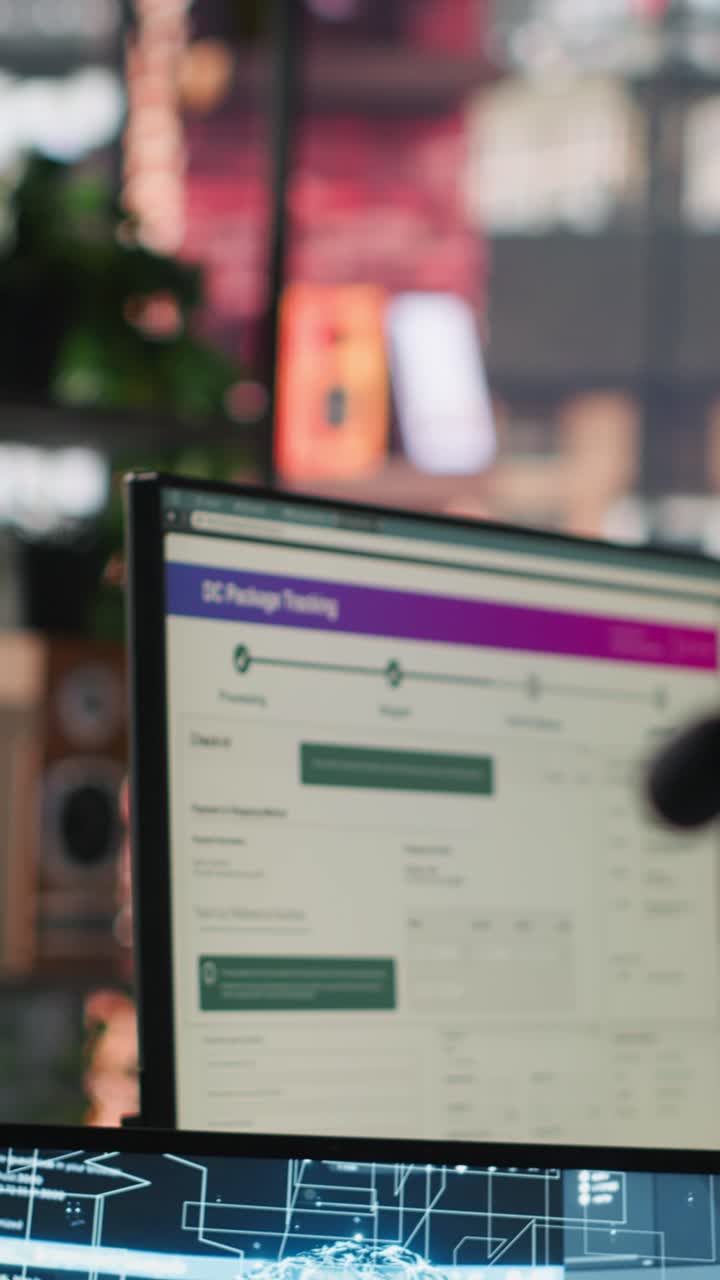 Vertical video Call center worker in office uses AI LLM assistant to reply to customer queries