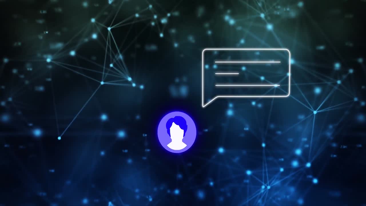 Animation of connections and social media alert with user icon over black background