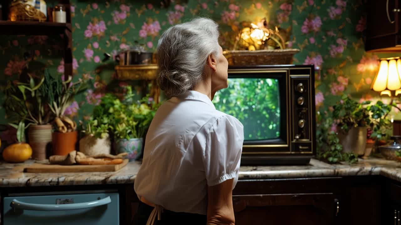 Una donna guarda un vecchio televisore in una cucina accogliente. Di spalle alla telecamera, i suoi occhi sono fissi sullo schermo. Una luce soffusa proviene dalle lampade e dalla TV. Carta da parati floreale e piante riempiono la stanza.