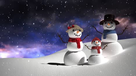 Animación-De-Un-Paisaje-Invernal-Con-Tres-Muñecos-De-Nieve-Felices