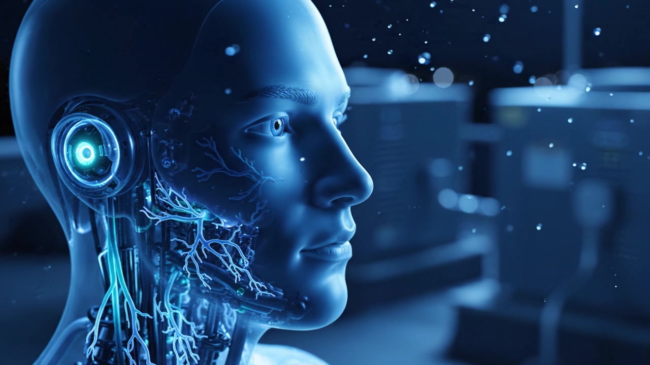 Futuristic humanoid robot showcasing advanced artificial intelligence and intricate circuitry, set against a high-tech background with glowing elements and intricate details.