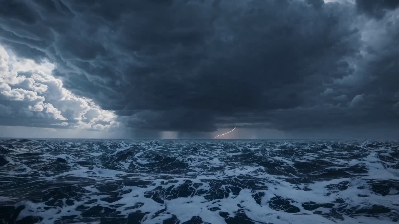 Dramatic video scene of a stormy ocean with dark clouds and lightning