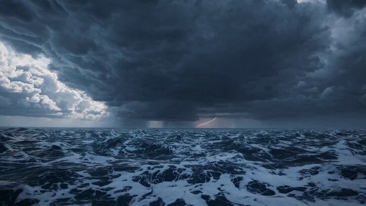 Scena video intensa di un oceano tempestoso con nuvole scure e fulmini