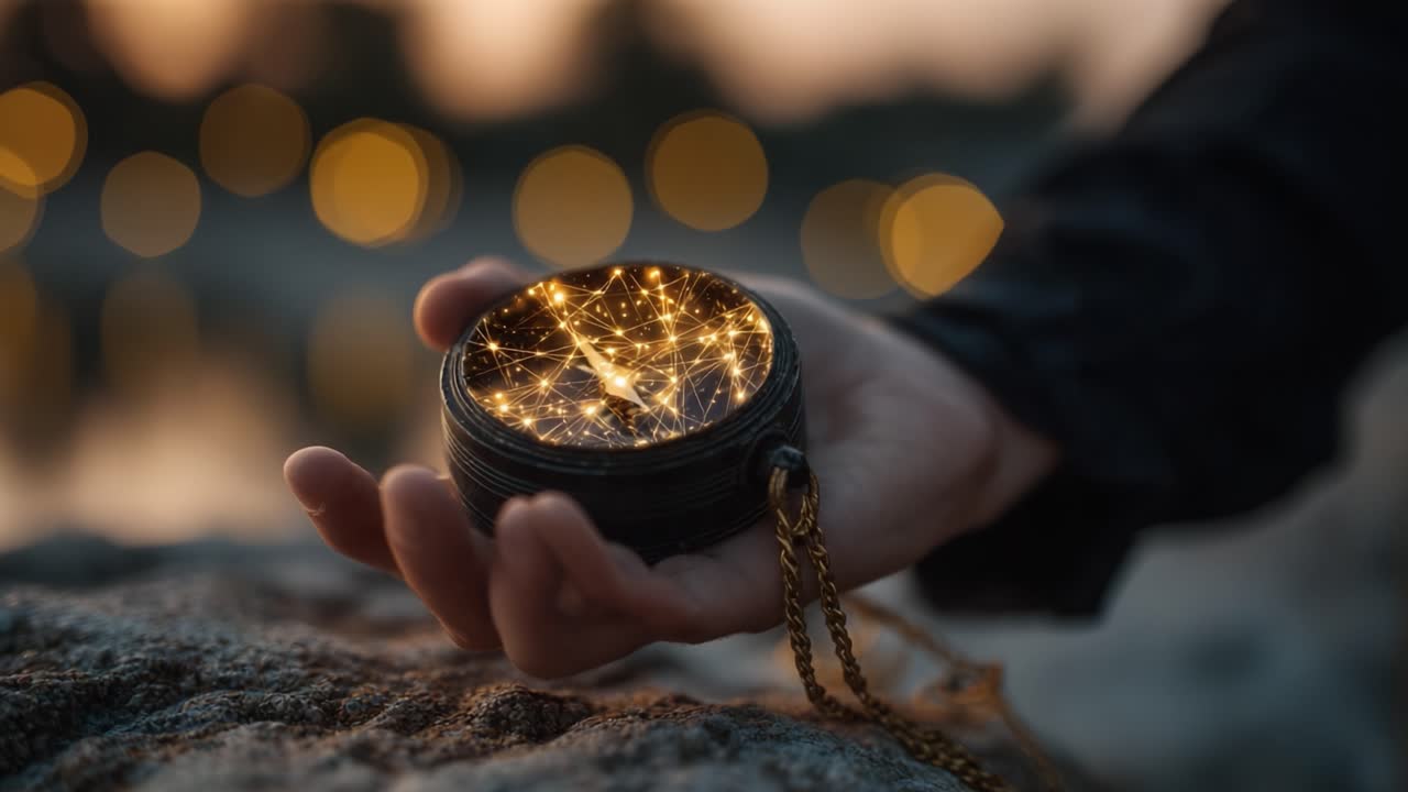 A Mystical Device in Twilight: The Enigmatic Hand Holding a Glowing Compass Amidst a Dreamlike Background of Nature's Beauty