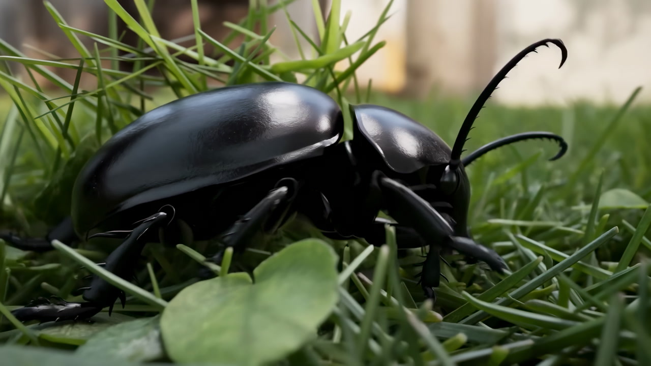 Closeup Glossy Black Beetle Crawling Grass, Garden Explorer Mood With Sunlight Reflections On Smooth