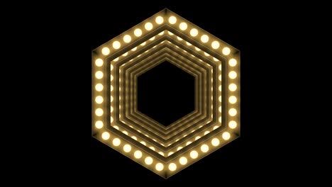 caja de bombilla incandescente de túnel marco de forma hexagonal remolino girar patrón en movimiento, retro 3d estilo virtual ilustración brillo en fondo oscuro animación de bucle sin costuras 4k, con espacio de copia