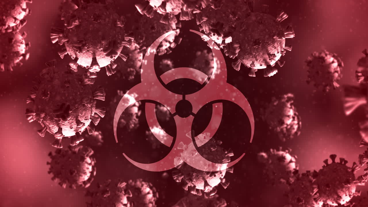 액체에 떠다니는 코로나바이러스 세포 위의 건강 위험 표지판의 애니메이션 4k