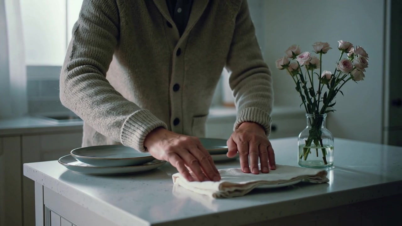 Placing napkin, man in beige knit smoothing aligning on kitchen island, plates, vase