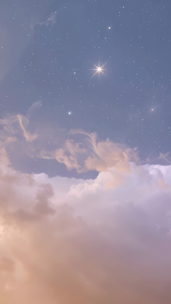 Vertical video: Breeze nudging cloud bank rising and curling in dusk sky, with six-pointed star