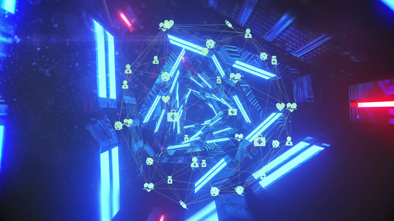 네온 기하학적 모양의 애니메이션과 어두운 배경에 떨어지는 아이콘