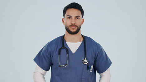 hombre, enfermera médica y retrato en el estudio