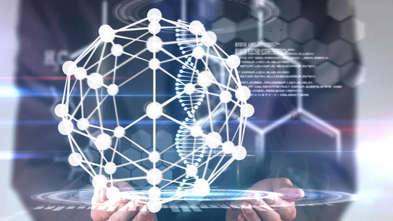 animación de manos sosteniendo el globo de conexiones y la cadena de adn
