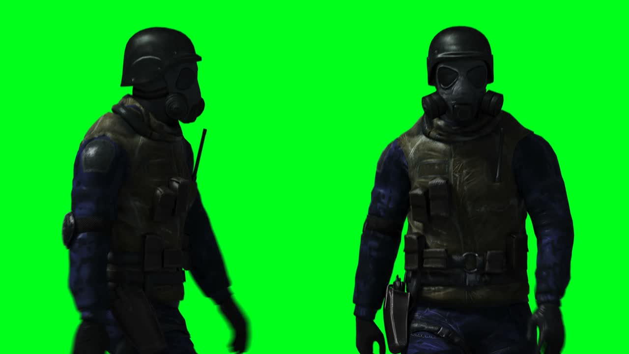 Militærsoldat animation. Fysisk, bevægelse, sløring. Realistisk 4k animation. Grøn skærm