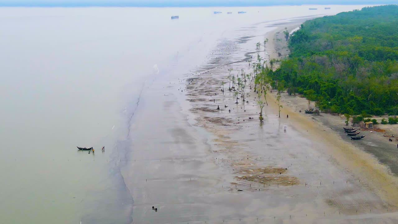 Toma aérea inclinada de una vasta playa con un barco y un bosque en Bangladés, Kuakata, cerca de la costa de Sundarbans