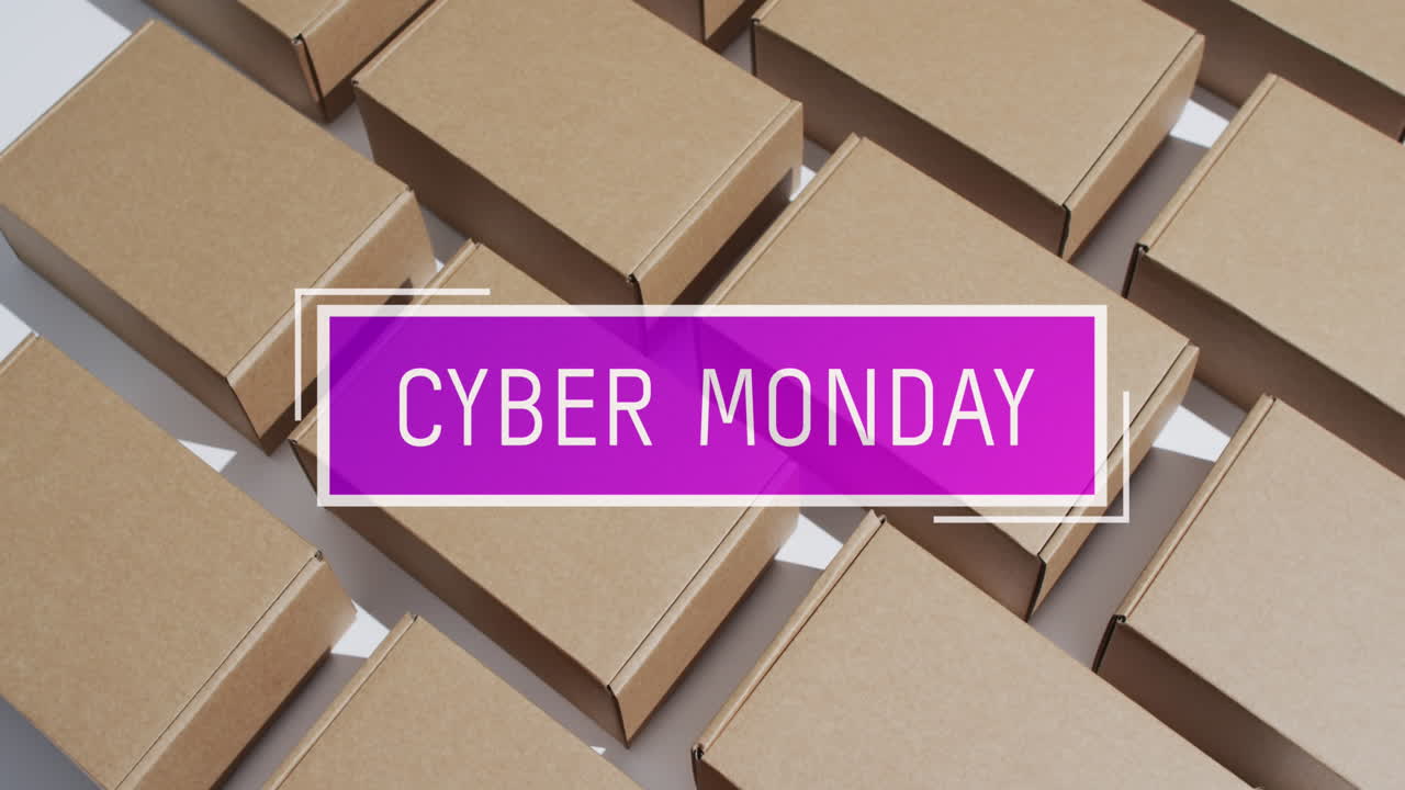 animación del texto del lunes cibernético sobre cajas de regalos