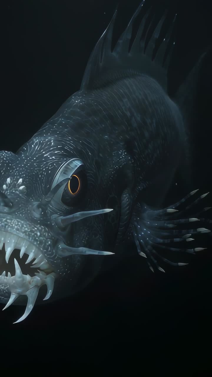 Vertical video: Drifting deep ocean fish approaching camera from right, showing luminous eye, teeth