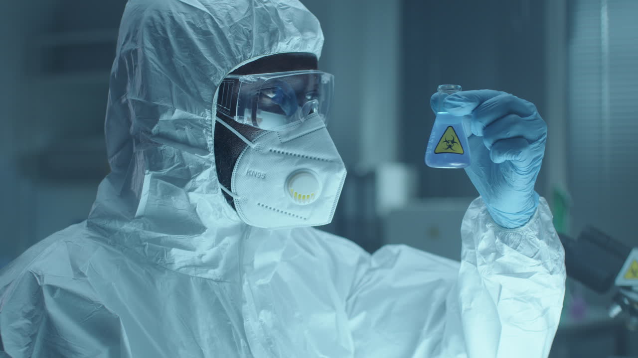 Chemist in Protective Uniform Examining Liquid in Flask during Lab Research