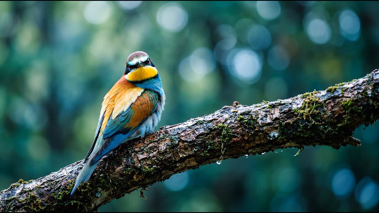 Uccello vivace e multicolore posato su un ramo d'albero muschioso nella foresta, con uno sfondo verde sfocato e soffuso.