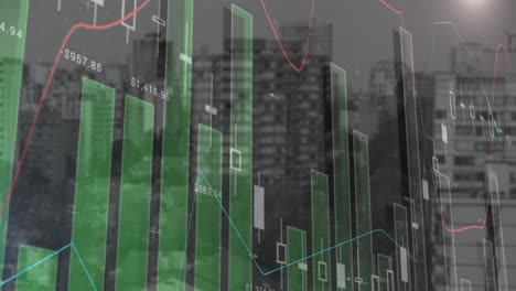 animación del procesamiento de datos financieros frente a la vista de un edificio alto