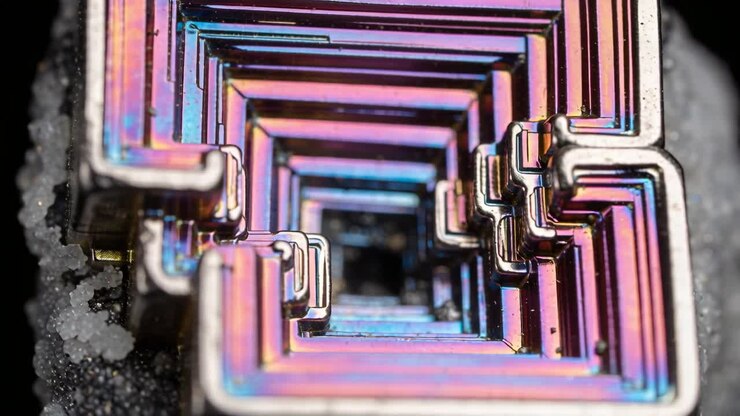 Rotating macro camera pulling back, revealing metallic hopper crystal at studio showing inner steps