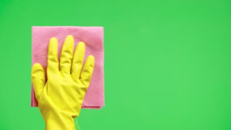 cleaning with pink cloth and yellow gloves on green screen
