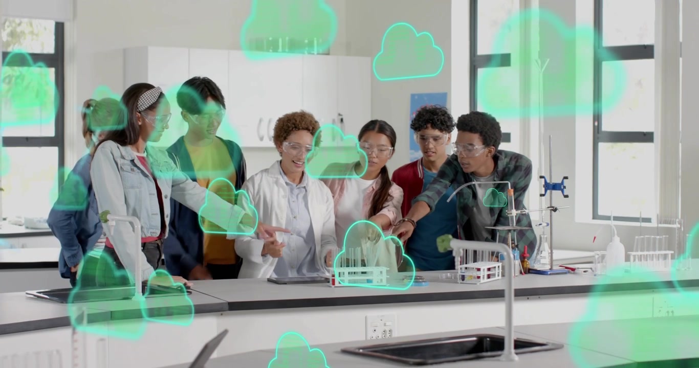 Placing rack on bench, science instructor guiding students visualizing cloud data with green icons