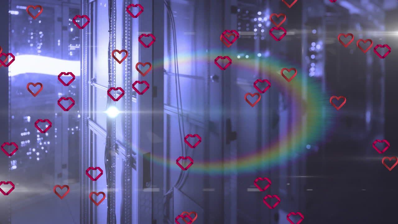 Rainbow and heart animations over server room with glowing lights