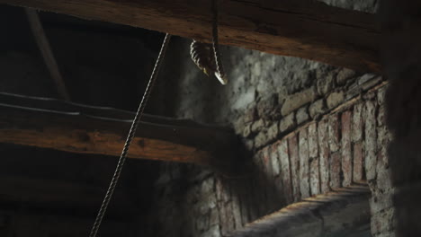 hand throws rope with noose over wooden beam in dark stone room