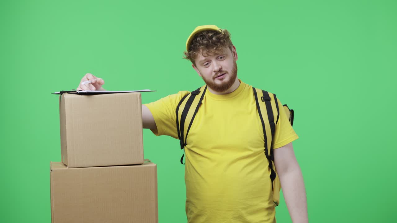 젊은 남성의 초상화 배달 문서를 채우고 행복합니다. 노란색 배달 택배 유니폼을 입은 은 머리 남성과 테르모 가방이 스튜디오에서 녹색 화면에 포즈를 취합니다.