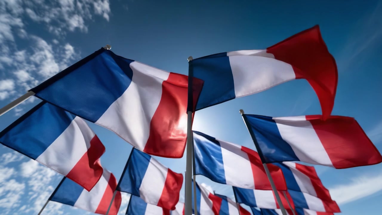 A Vibrant Display of French Flags Flowing in the Breeze Under a Clear Blue Sky with a Bright Sun Highlighting Their Colors Against the Clouds