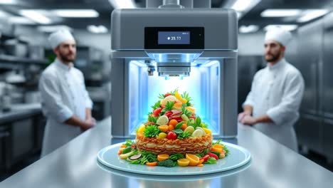 chef is focused on creating an intricate dessert featuring vibrant fruits and vegetables, displayed on a sleek plate in a contemporary kitchen, showcasing culinary artistry and innovation