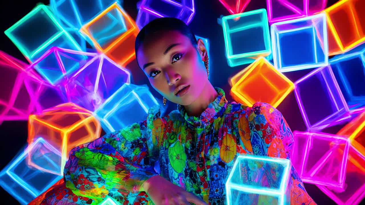 A vibrant portrait capturing a model surrounded by glowing neon geometric shapes, showcasing an artistic blend of colors and patterns that creates an eye-catching visual experience