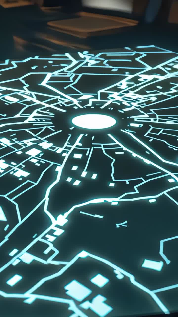 Vertical video: Moving camera revealing holographic network map on table in office, with notebooks